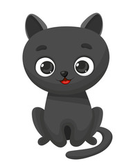 Cute baby black cat isoltated on white background. Vector illustration of kitty with big eyes