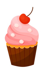 Vector illustration of Tasty cupcake with cherry on the top and pale pink cream isolated on white background