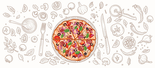 Pizza and pizza related elements illustration. Vector, isolated, layered. 