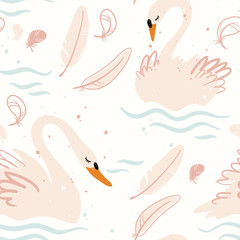 Cotton fabric Swans seamless pattern in pastel colors, vector illustration
