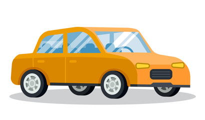 Yellow car closeup. Isolated transport of yellow color with noone inside. Traveling and transportation. Taxi cab for commuting. Retro fashioned vehicle front view. Vector in flat style illustration