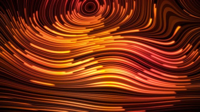abstract animation, lines form a moving glowing wavy pattern with stripes and circles, seamless background in orange, red and black, 4k, 3d, loop