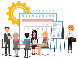 Teamwork consulting, man and woman colleagues discussing deadline work, graph report. Business strategy, development technology, calendar icon vector