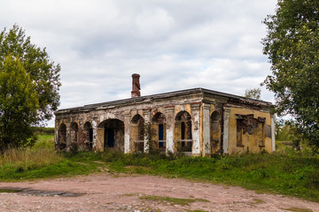Fototapeta na wymiar The abandoned dilapidated guardhouse in Annenkrone in overcast day, Vyborg, Leningrad Oblast, Russia