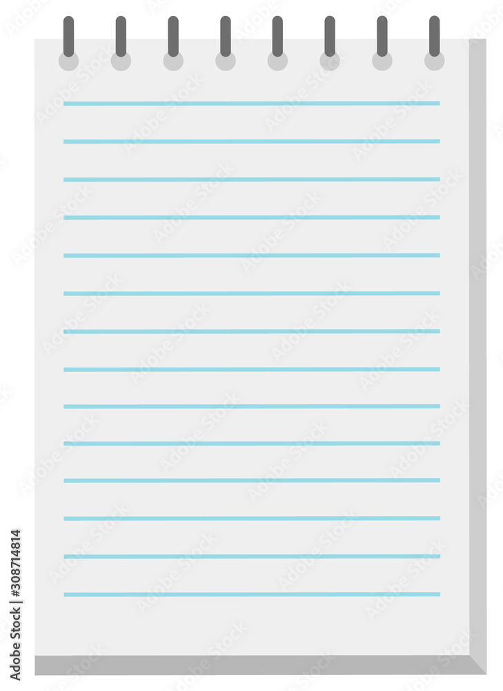 Poster opened notebook on clean white sheet. it striped by blue horizontal lines to write straight. notepad