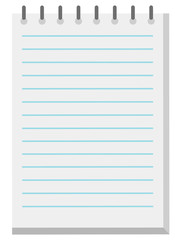 Opened notebook on clean white sheet. It striped by blue horizontal lines to write straight. Notepad has metal spiral to attach papers, vector illustration