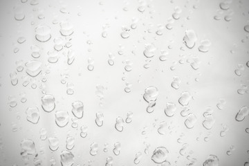 Raindrop water dew drop on glass wet white gray blue background.