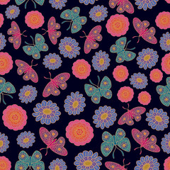 Vector Butterflies with Floral Wings and Flowers in Blue, Green, Pink, and Purple on Dark Blue. Background for textiles, cards, manufacturing, wallpapers, print, gift wrap and scrapbooking.