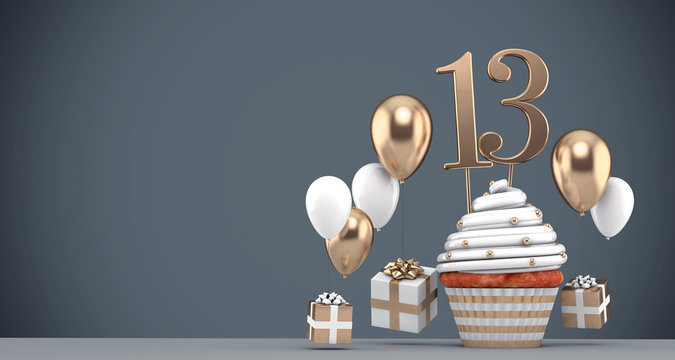 Number 13 gold birthday cupcake with balloons and gifts. 3D Render