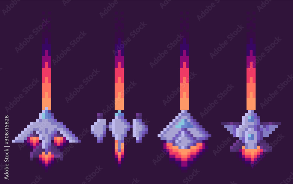 Poster space game pixel art elements vector, isolated ships floating in sky. spaceship launching, traces of