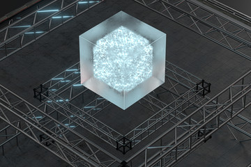 Polished metal frame, a transparent suspended cube, 3d rendering.