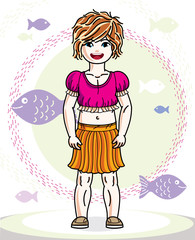 Happy little redhead girl posing on marine background with fishes and wearing fashionable casual clothes. Vector character.