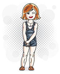 Pretty little red-haired girl in jeans wear. Vector illustration of nice child standing.