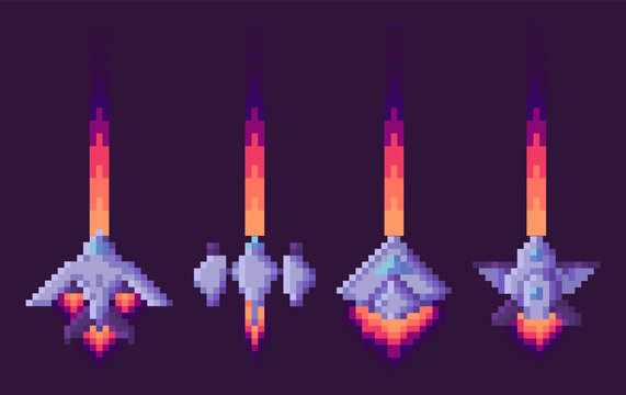 Space game pixel art elements vector, isolated ships floating in sky. Spaceship launching, traces of spacecrafts with wings, strong machinery transports