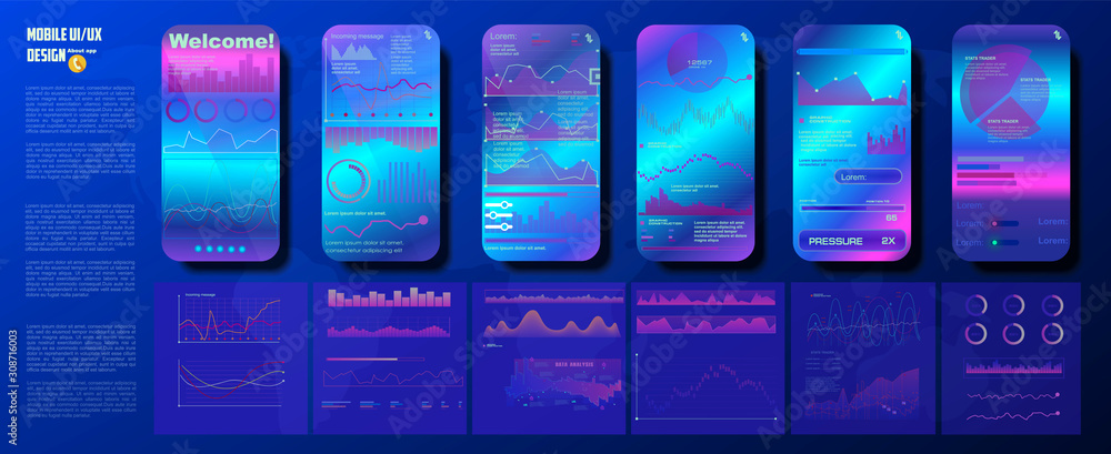 Poster ui, ux, gui screens fitness app and flat web icons for mobile apps. web design and mobile template. 
