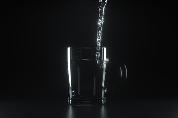 Pouring the water into the glass, dark background, 3d rendering.