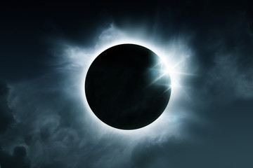 A solar eclipse. The total eclipse is caused when the sun, moon and earth align. Illustration.