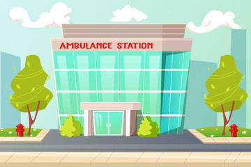 The building of the city hospital, the city's skyline. Cartoon. Vector illustration. Ambulance. - 308716027