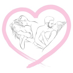 loving young couple hug lay on bed together. kiss and hug in heart shape. vector illustration isolated cartoon hand drawn