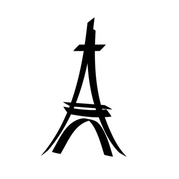 Eiffel tower sign. Black isolated silhouette on white background. Eiffel Tower as symbol of Paris and love. Template for t shirt, apparel, card, poster. Design flat element. Vector illustration.