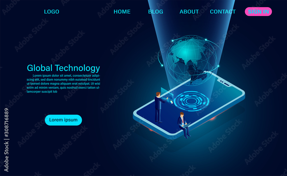 Poster smartphone with global network. internet connection and global communication concept. isometric vect