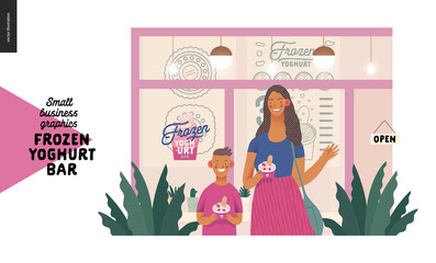 Frozen yoghurt bar - small business graphics - customers -modern flat vector concept illustrations - visitors - smiling woman waving hand and a boy holding cups of youghurt, entrance, window, facade
