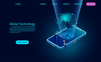 smartphone with global network. internet connection and global communication concept. isometric vector dark neon