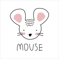 Cute animal mouse isolated on white background. Vector illustration for printing on fabric, tableware, packaging, postcard, Wallpaper. Cute baby background.