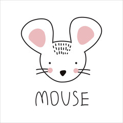 Cute animal mouse isolated on white background. Vector illustration for printing on fabric, tableware, packaging, postcard, Wallpaper. Cute baby background.