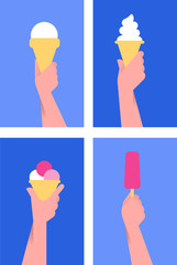 Hands holding an ice cream in various gestures. Flat style vector illustration