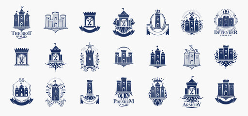 Fototapeta Castles logos big vector set, vintage heraldic fortresses emblems collection, classic style heraldry design elements, ancient forts and citadels. obraz