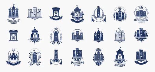 Fotobehang Castles logos big vector set, vintage heraldic fortresses emblems collection, classic style heraldry design elements, ancient forts and citadels. © Sylverarts