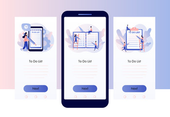 To Do List consept. Tiny people planning year, month, week. Notes online, diary, checklist, organizers and notebook pages. Screen template for mobile smart phone. Modern flat cartoon style. Vector