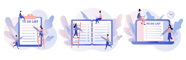 To Do List consept. Tiny people planning year, month, week. Notes online, diary, checklist, organizers and notebook pages. Modern flat cartoon style. Vector illustration on white background