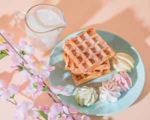 Sweet delicious dessert, homemade baked goods for breakfast. Belgian soft waffles on a blue plate with fresh milk and meringues on a peach-colored background in pastel tone