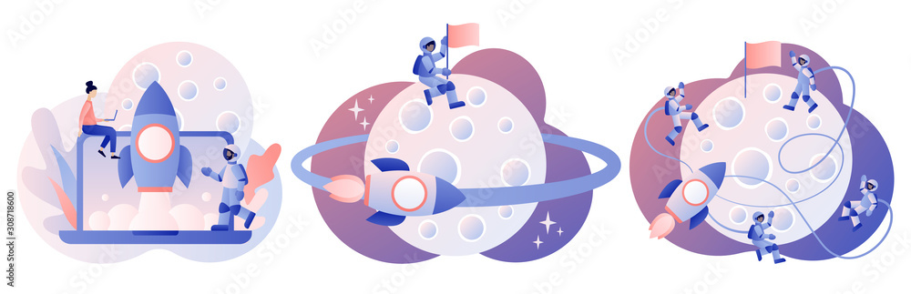 Poster lunar mission space exploration. tiny astronauts in space. spaceship travel to moon. rocket flying a