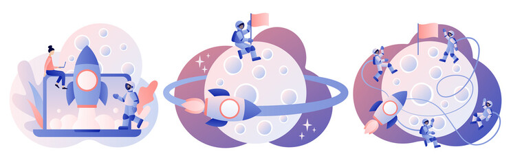 Lunar mission space exploration. Tiny astronauts in space. Spaceship travel to moon. Rocket flying around Moon orbit. Launching a rocket for a Moon. Modern flat cartoon style. Vector illustration