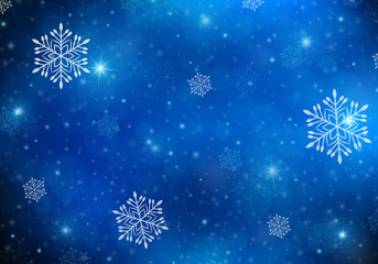 Blue festive winter background. White snowflake christmas decoration with bokeh, sparkle.