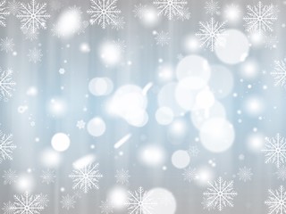 Gray blue abstract background with white snowflakes winter and bokeh stars blurred beautiful shiny light, use illustration Christmas new year wallpaper backdrop and texture your product.
