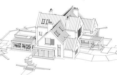 3d rendering of modern cozy clinker house on the ponds with garage and pool for sale or rent. Black line sketch with soft light shadows on white background