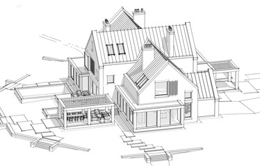 3d rendering of modern cozy clinker house on the ponds with garage and pool for sale or rent. Black line sketch with soft light shadows on white background