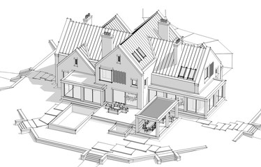 3d rendering of modern cozy clinker house on the ponds with garage and pool for sale or rent. Black line sketch with soft light shadows on white background