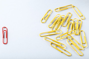 Leader concept. Paper clips on white background