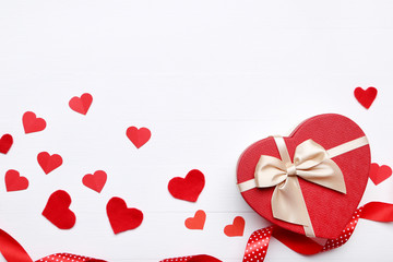Valentine hearts with gift box on white background
