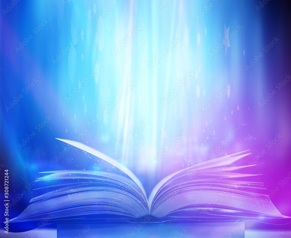 Poster imagine a picture book of an ancient book opened on a wooden table with a sparkling golden backgroun