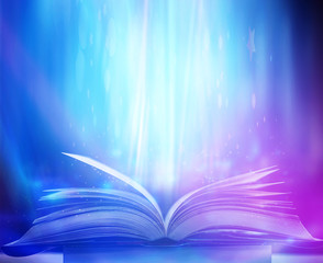 Imagine a picture book of an ancient book opened on a wooden table with a sparkling golden...