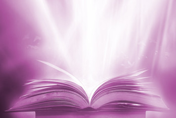 Imagine a picture book of an ancient book opened on a wooden table with a sparkling golden background. With magical power, magic, lightning around a glowing glowing book In the room of darkness