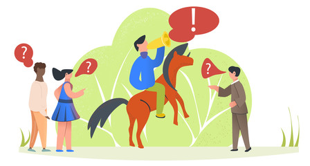 Man with megaphone rides horse. Key opinion leader. Influencer marketing. Leader sitting on horse. Cartoon and flat style. Vector stock illustration. Branding and Advertising.