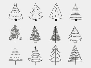 Doodle Christmas Trees. to create holiday cards, backgrounds, ornaments, decoration. Hand drawn Christmas tree happy new year