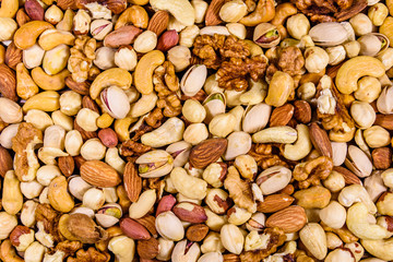 Background of the various nuts (almond, cashew, hazelnut, pistachio, walnut). Vegetarian meal. Healthy eating concept